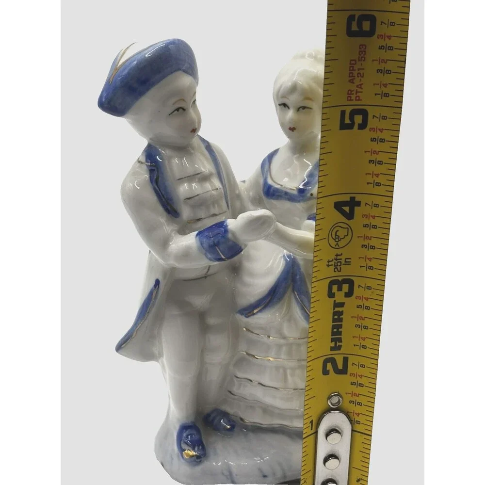 Vintage Colonial Couple Figurine Man Dancing with Lady/ Blue & White Porcelain